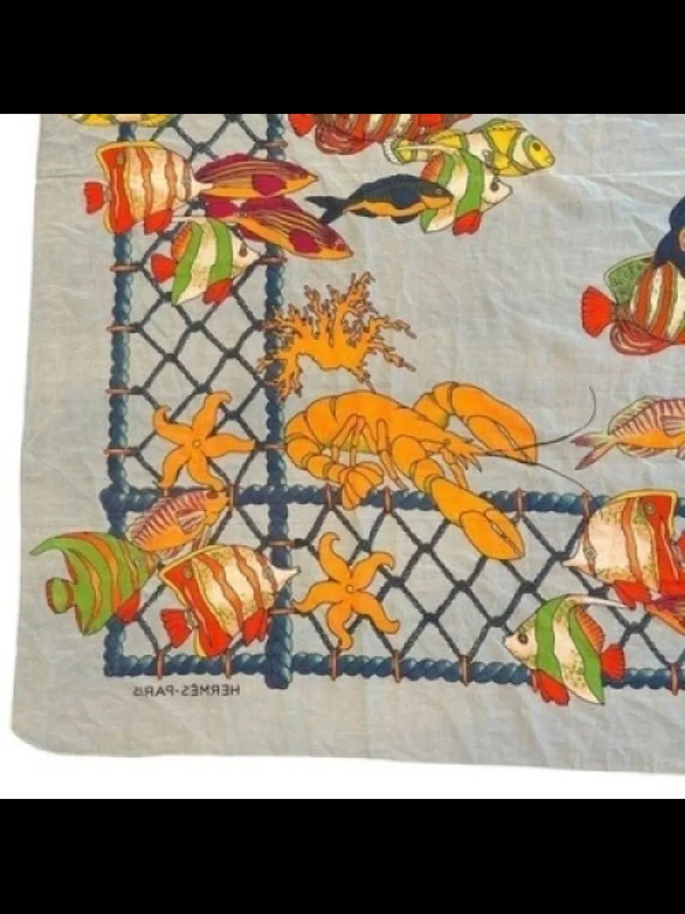 Hermes Light Blue Multicolor Fish Print Silk Scarf
